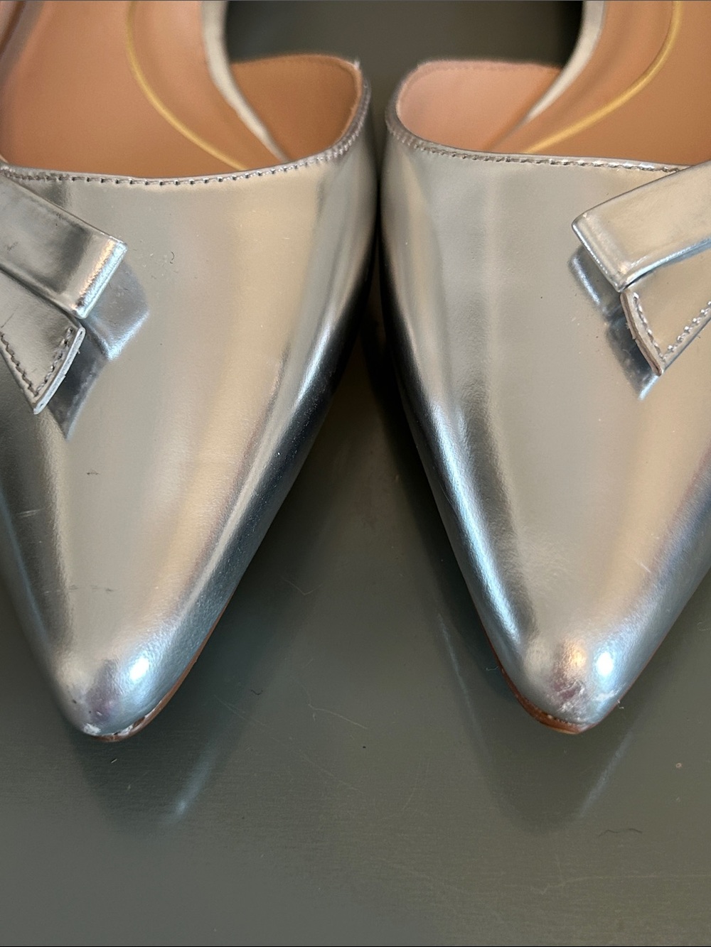 Cole Haan Metallic Silver Pointed-Toe Bow Flats. - Picture 9 of 12